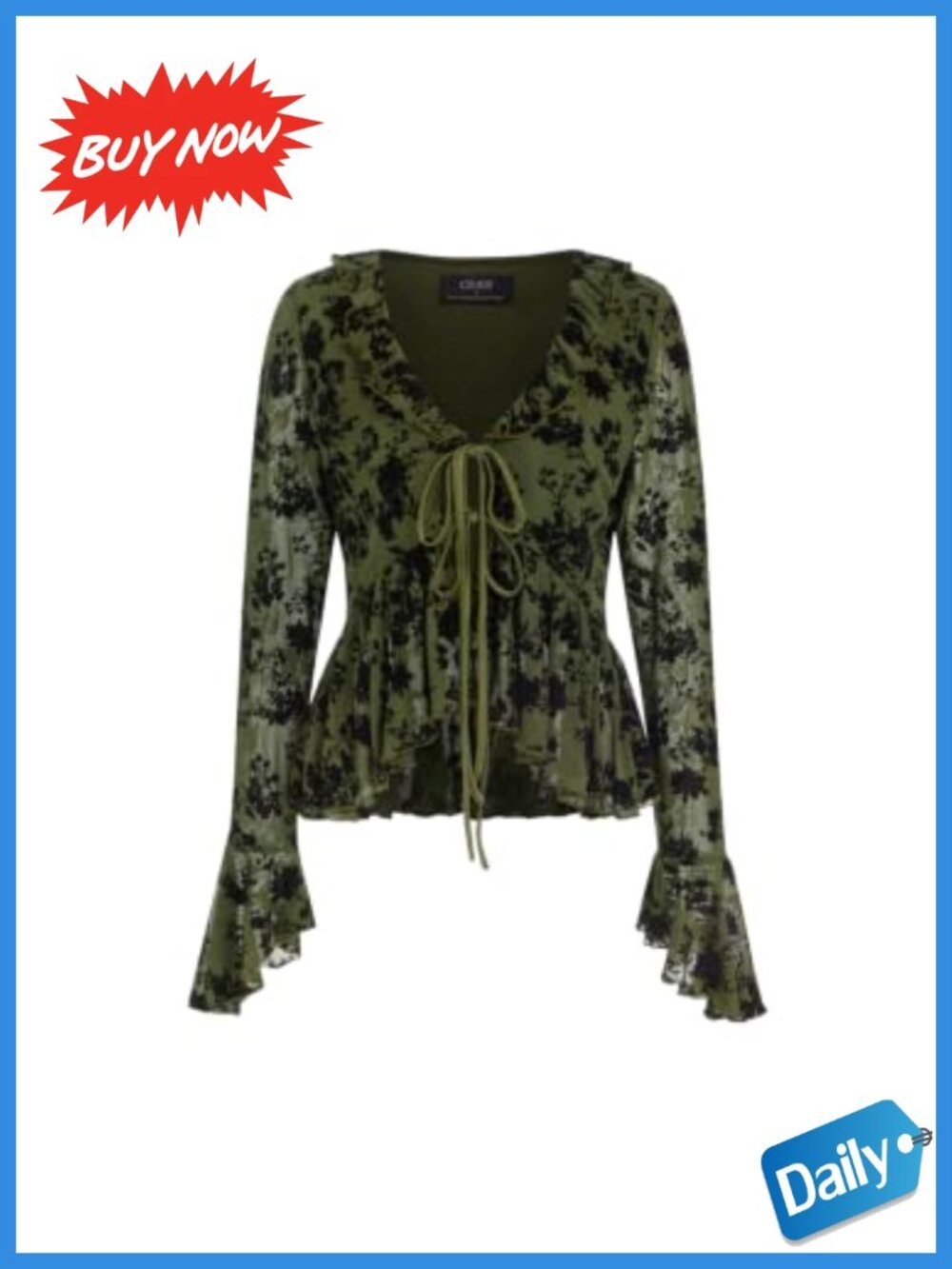 Lace Bell Sleeve Blouse Soft Knit Lined Going Out Top Ruffle V-Neck